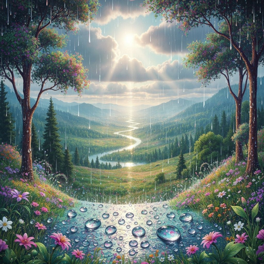 Fantastical Summer Rain Panorama with Iridescent Colors