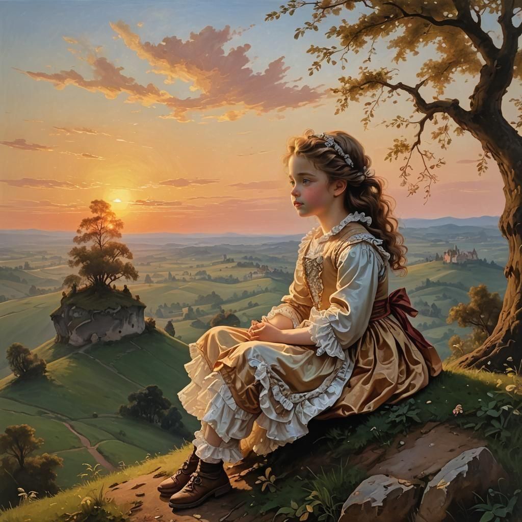 Girl on Hill: Rococo Painting at Sunset