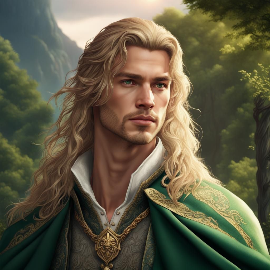 Handsome Prince with Wolf Cloak in Summer Landscape