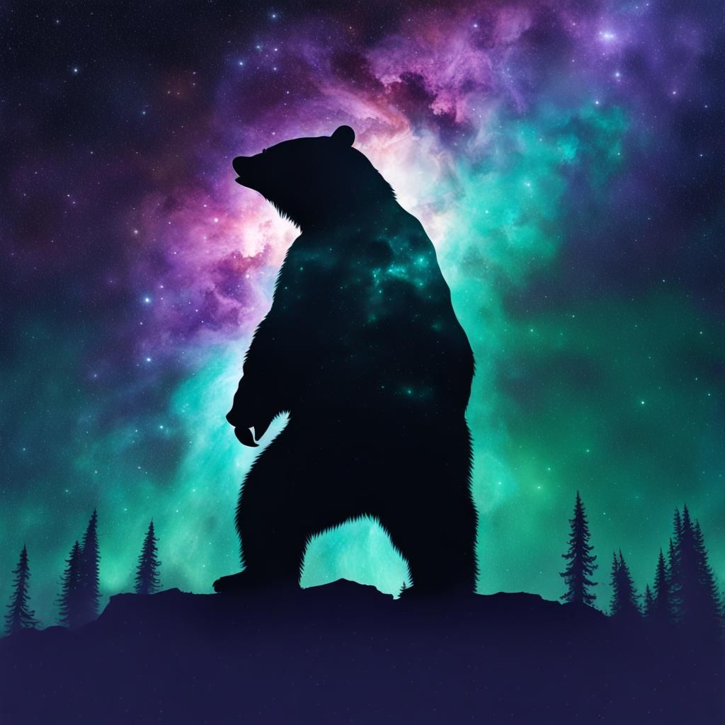 Bear Silhouette in Nebula Space with Spacetime Rift