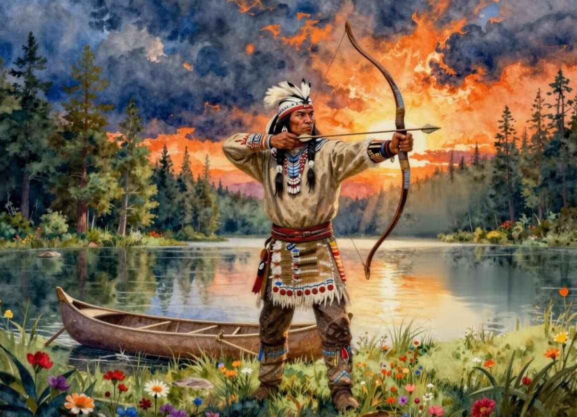 First Nations Chief Aims Bow at Deer by Lake at Sunset