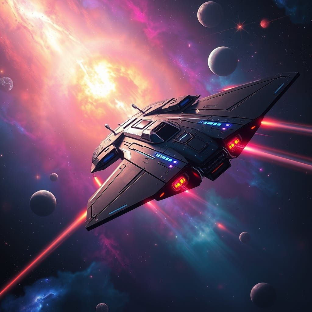 A spectacular interstellar adventure scene featuring a starship soaring through a vast, vibrant galaxy. The ship is bath...