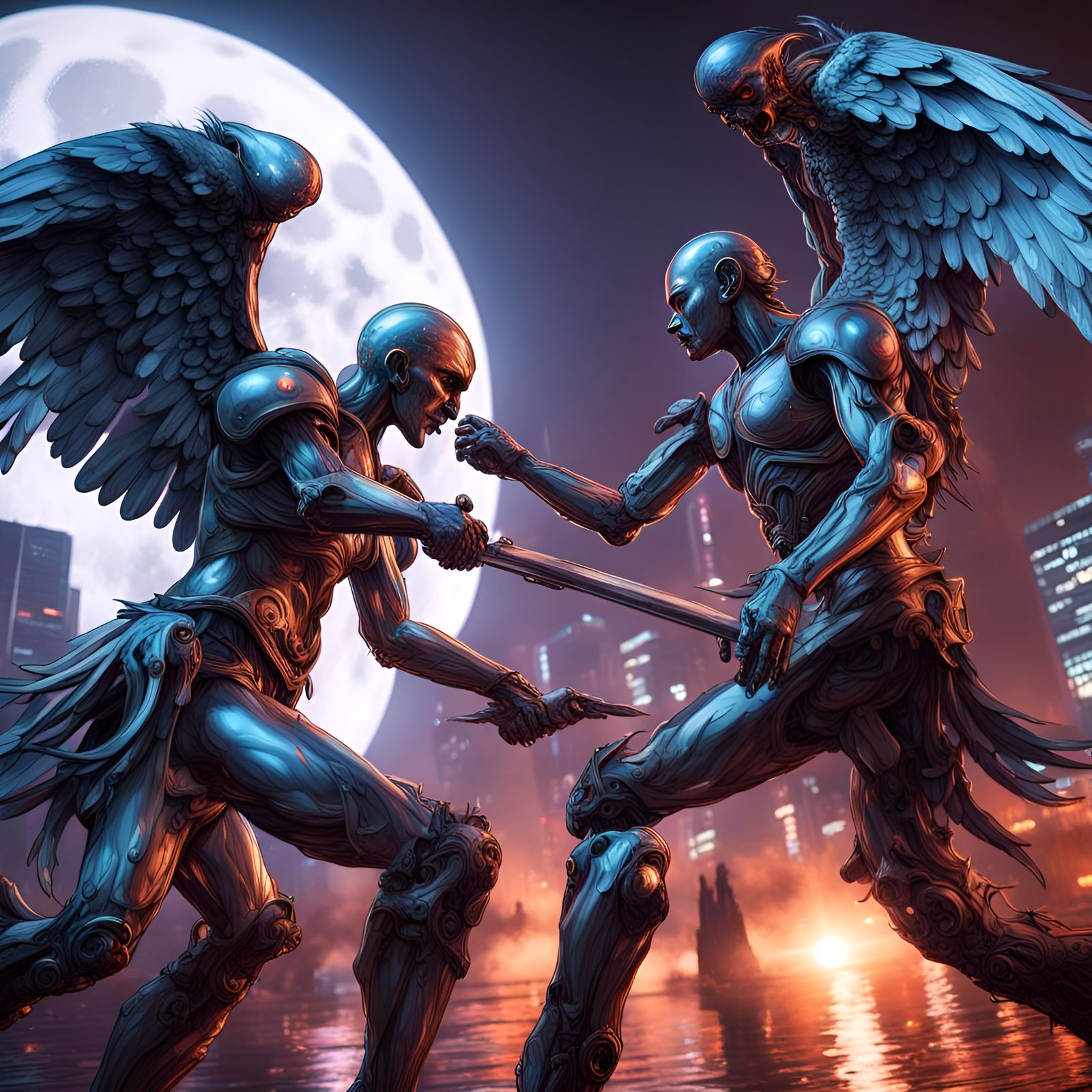 AI Angels vs Anti-Tech Demons in Futuristic Battle