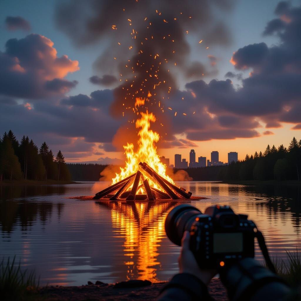Bonfire by Lake Reflected in Camera Lens, Digital Art