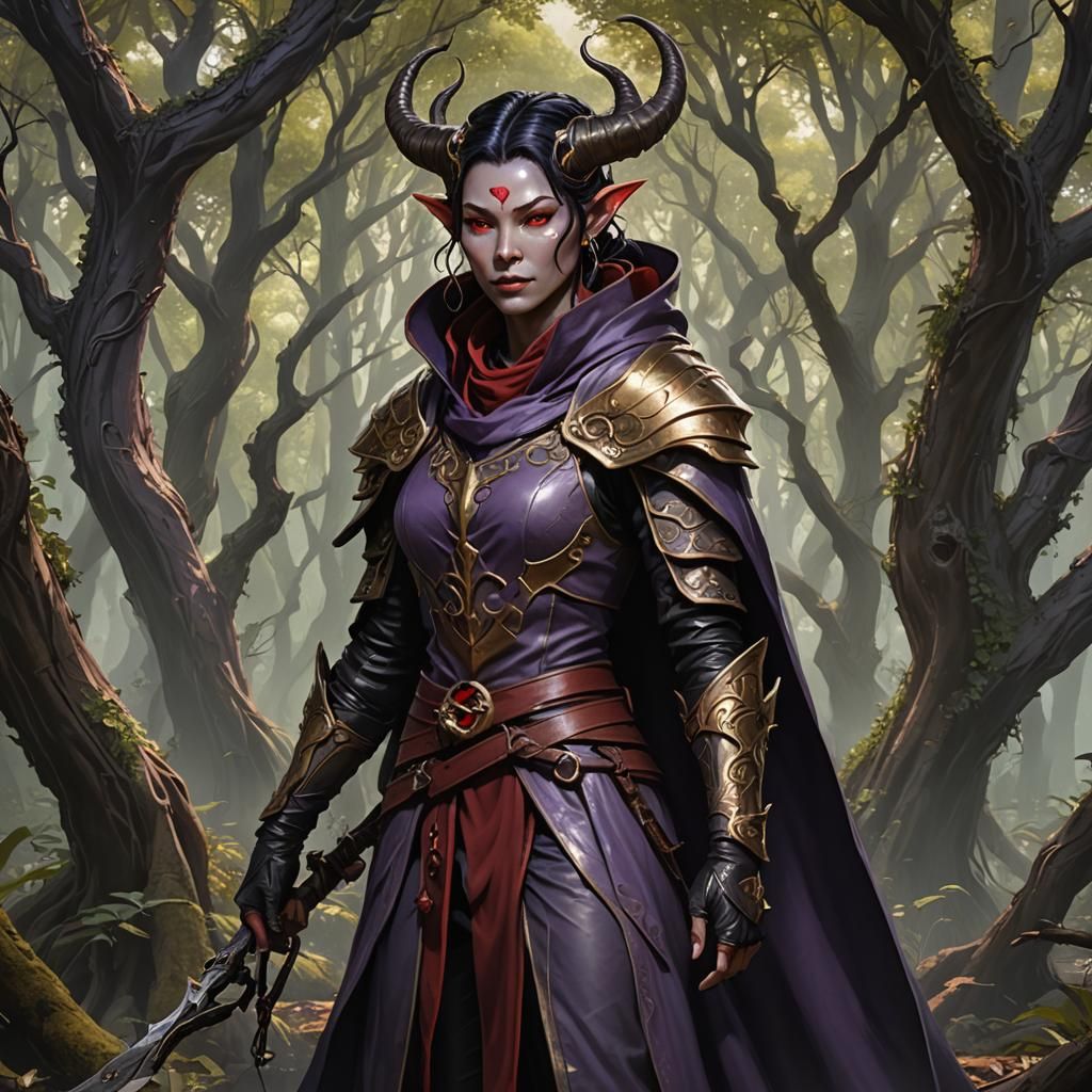Tiefling Rogue in Mystical Forest, Digital Art