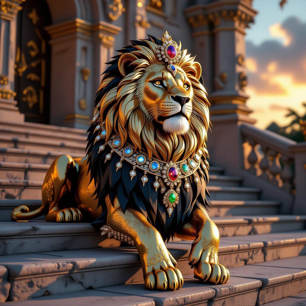 Golden, Diamond-Encrusted Lion Statue in Romantic Realism