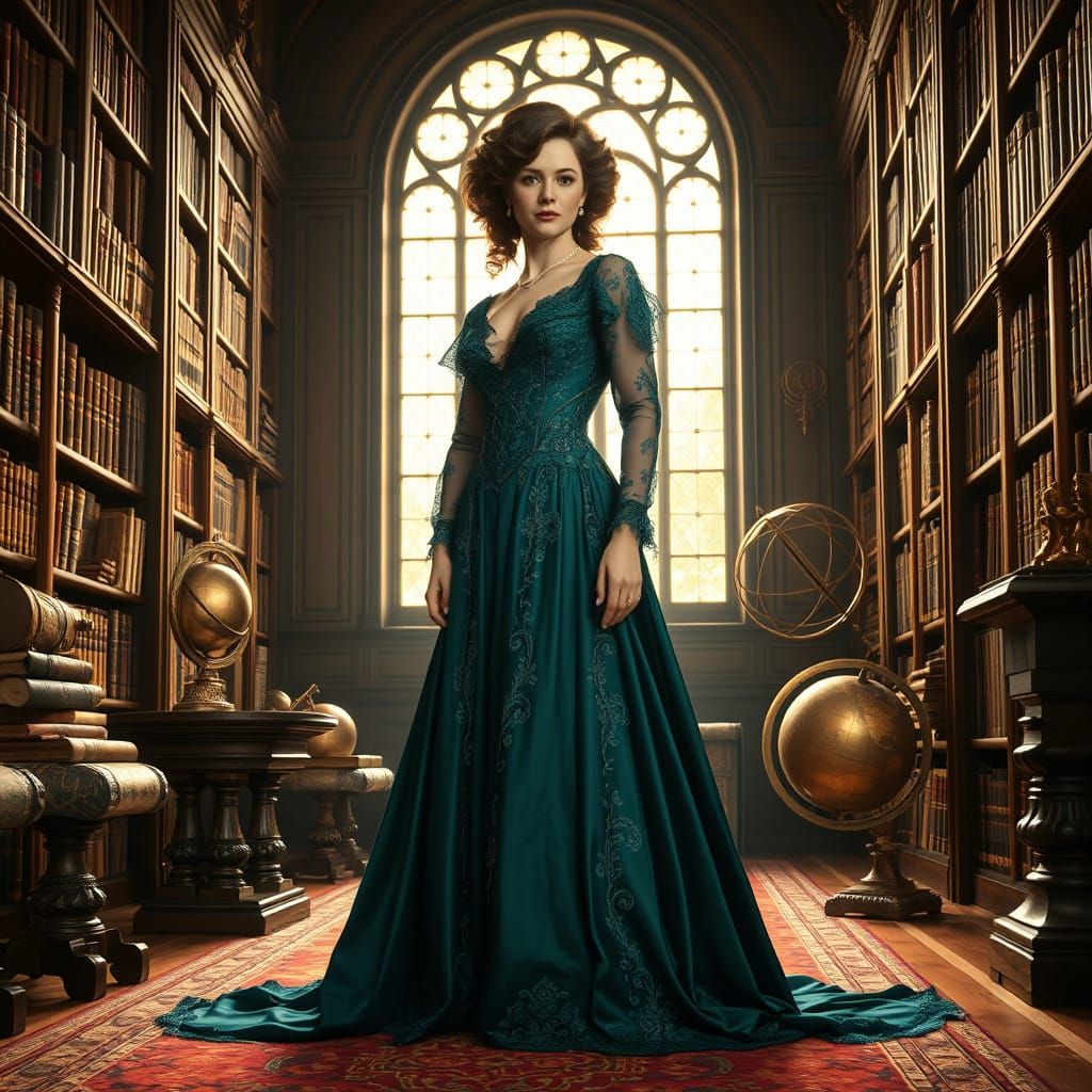 Edwardian Duchess in Library, Art Nouveau Style