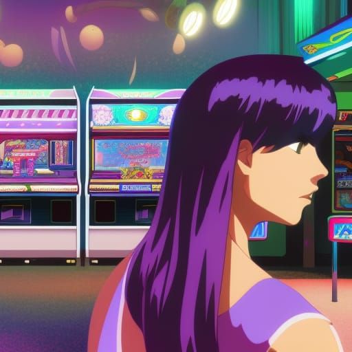 Girl at 80s Arcade in Studio Ghibli Style