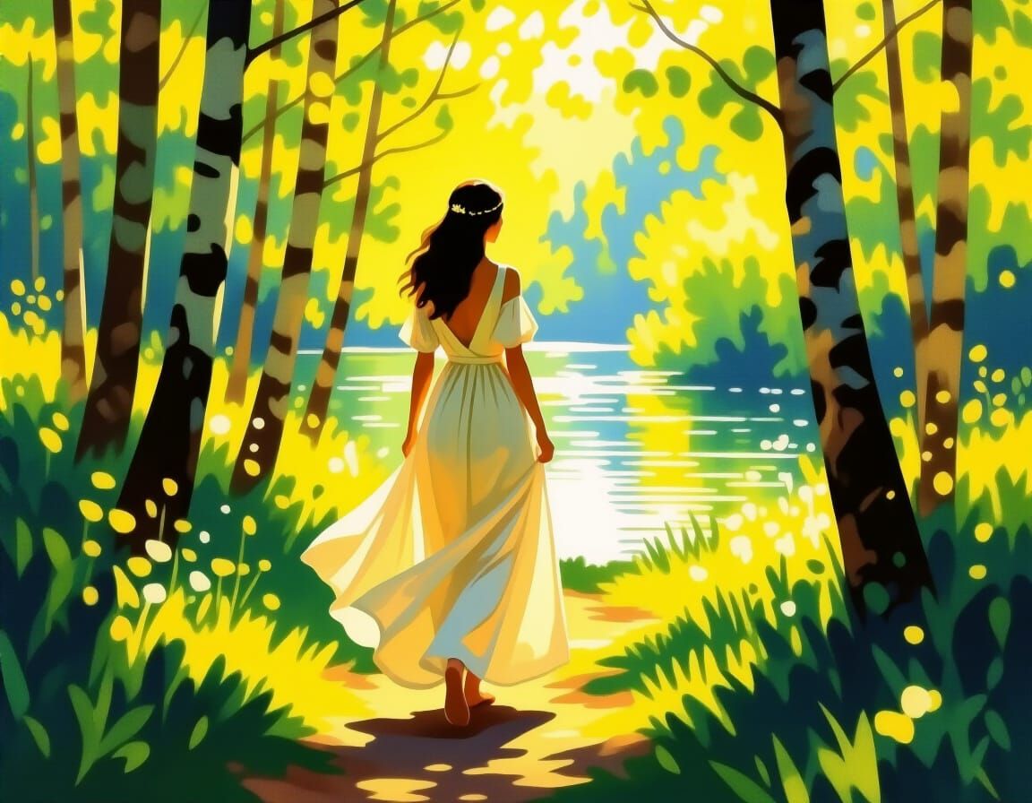 Woman in Flowing Dress in Monet-Inspired Forest