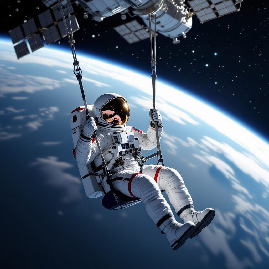 Astronaut Swinging Beneath Space Station