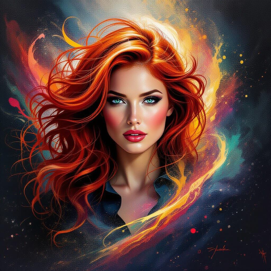 Redhead Woman's Hair Becomes Cosmic Paint Vortex
