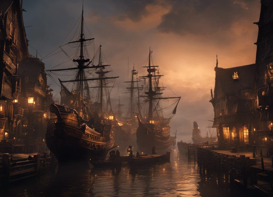 Ominous Pirate Ships Docked at Magic Hour