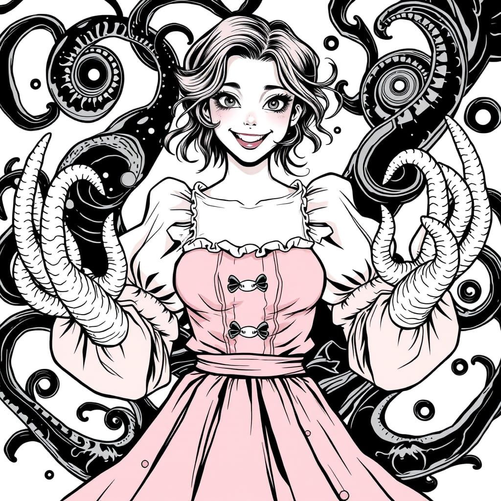 Vibrant Fantasy Girl with Tentacle Hands in Bold Black and W...