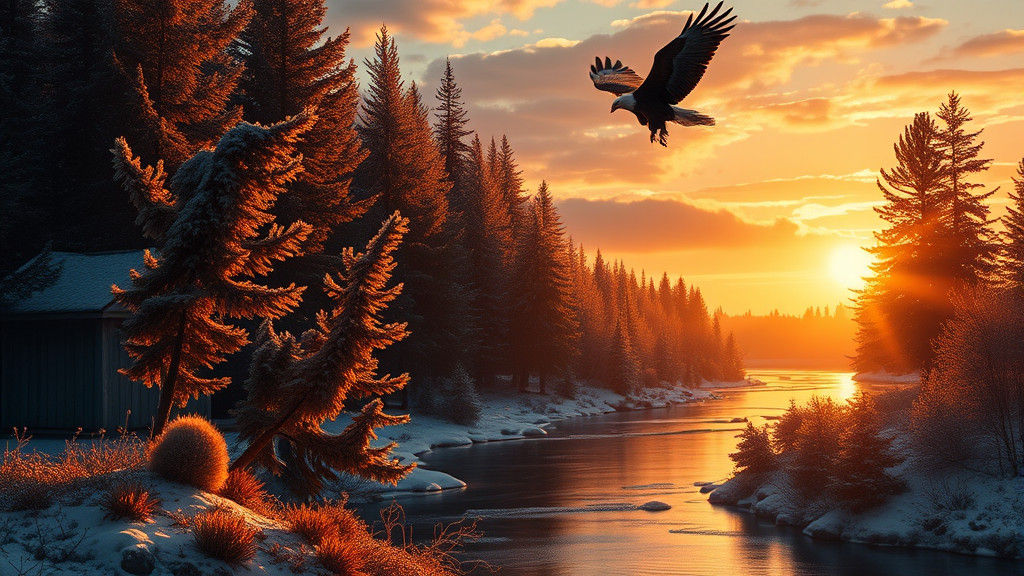 Autumn Winter Sunrise Landscape with Fox and Eagle