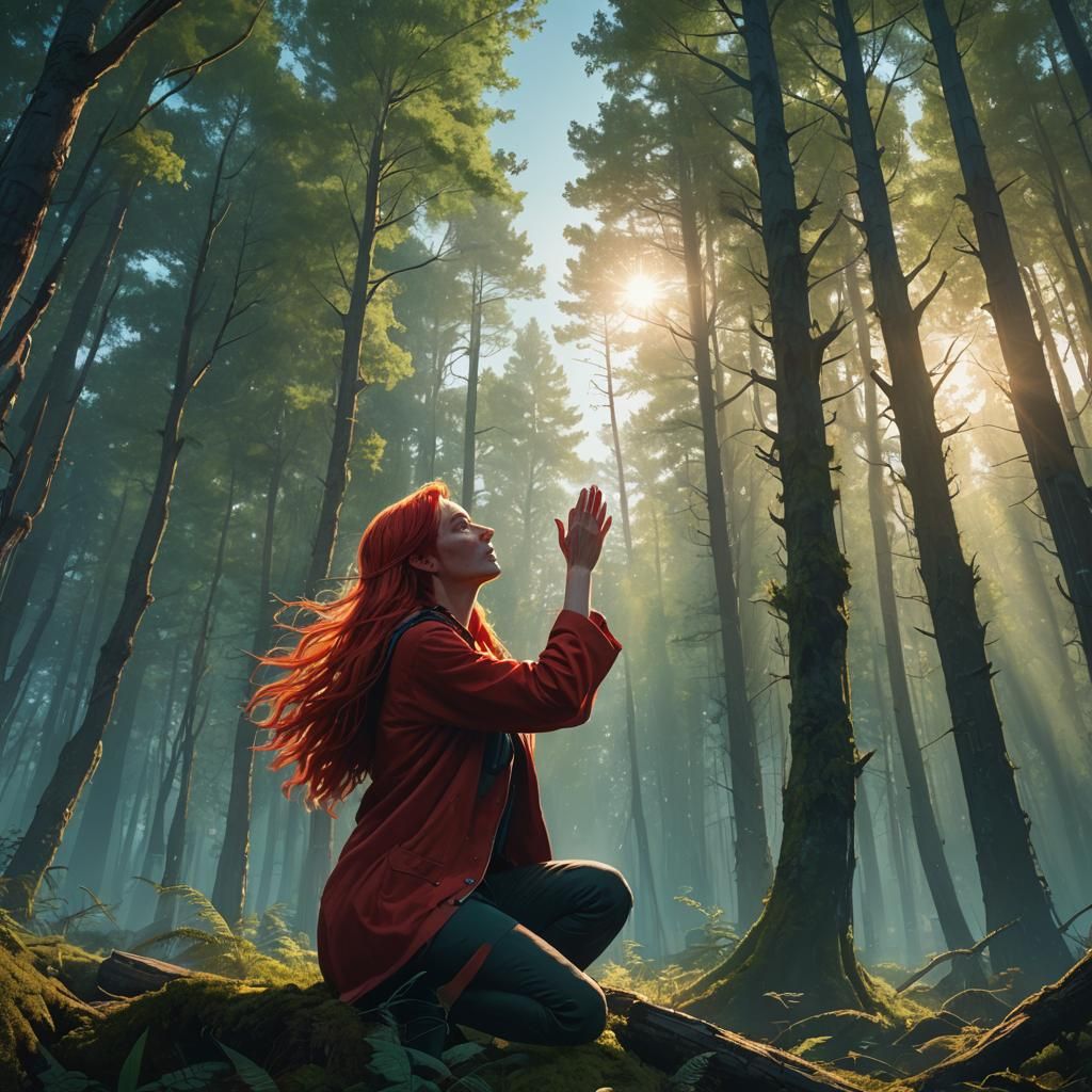 At the edge of a forest, a  long red  haired female , blue e...
