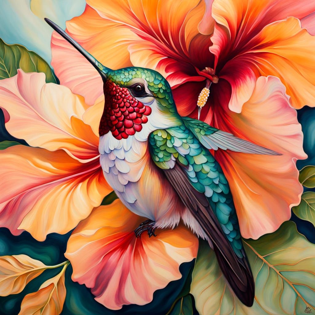 Hummingbird Sips Nectar in Surrealist Floral Painting