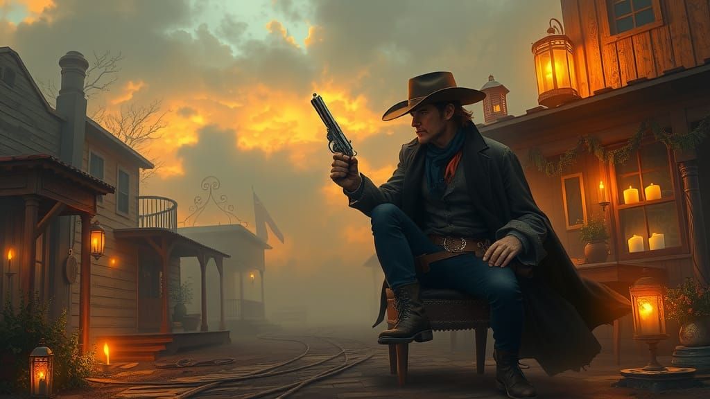 Gunslinger in Fantastical Twilight Western Town