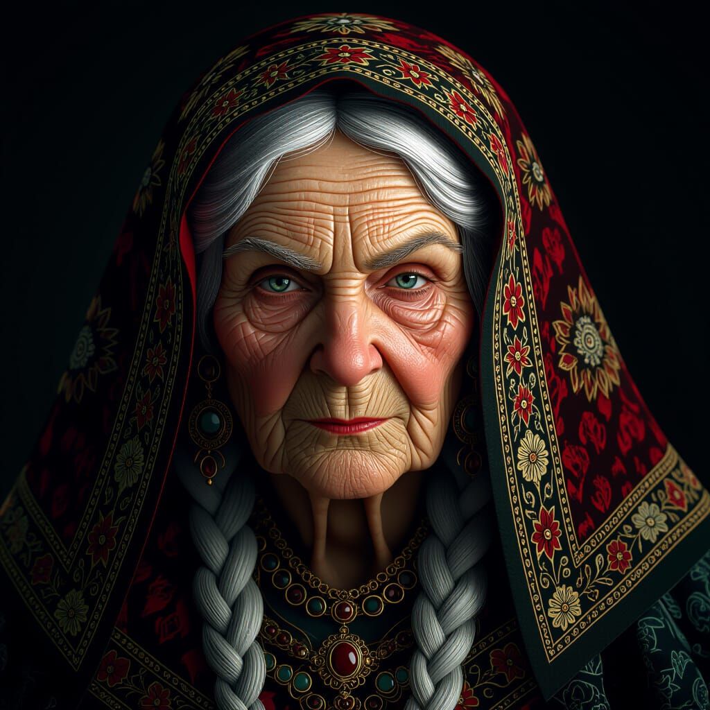 Detailed Portrait of Old Russian Hag in Dark Fantasy Style