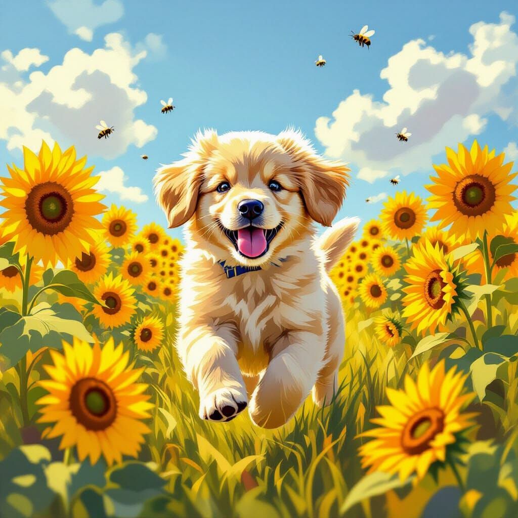Golden Retriever Puppy in Sunflower Field, Impressionistic S...