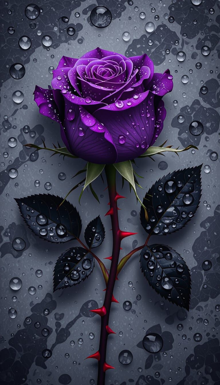 Vibrant Purple Rose with Red Thorns and Water Droplets
