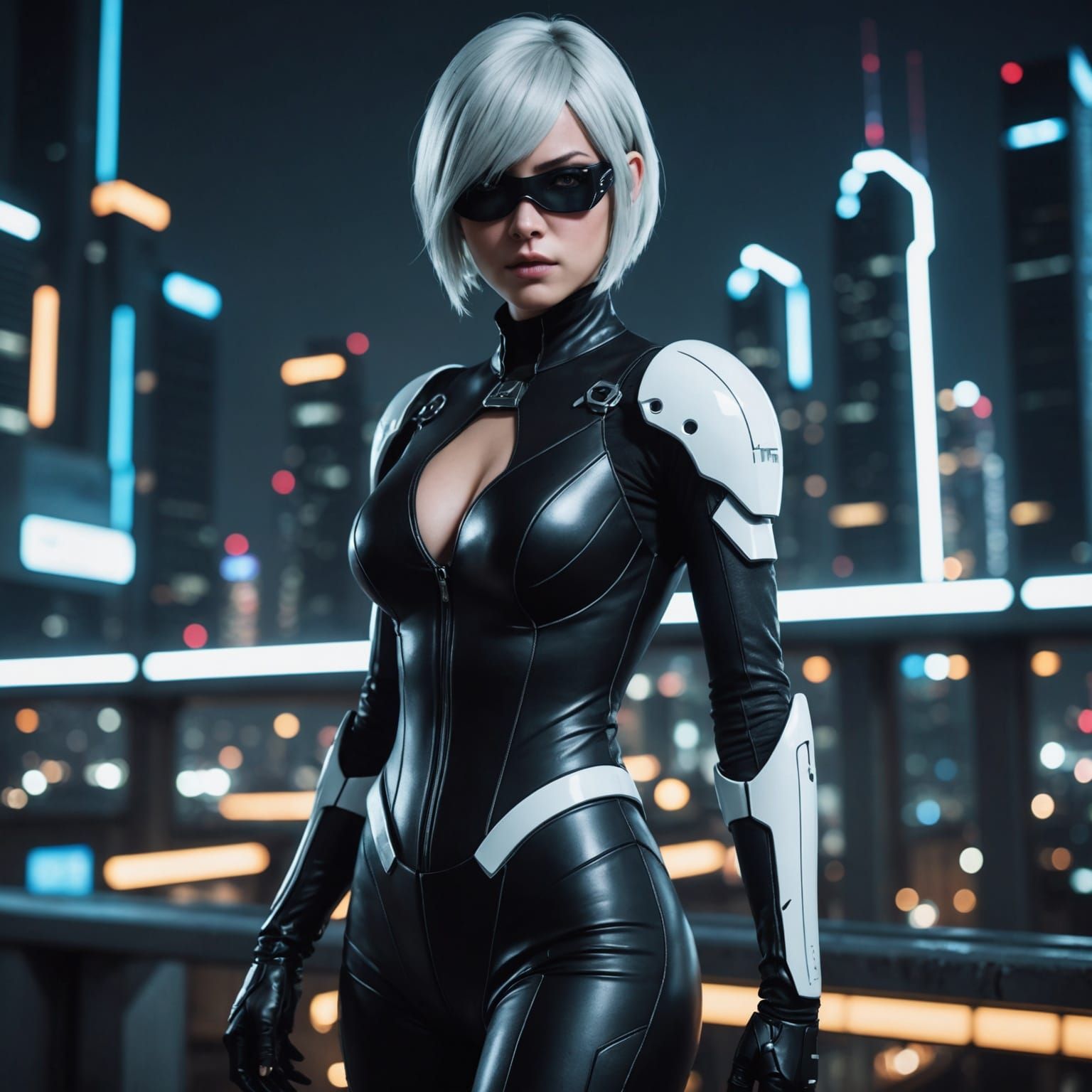 Cyberpunk Femme Fatale in Tron Cityscape