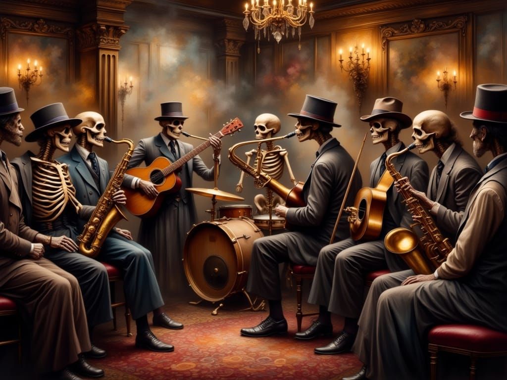 Surreal Speakeasy Jazz Club with Skeleton Musicians