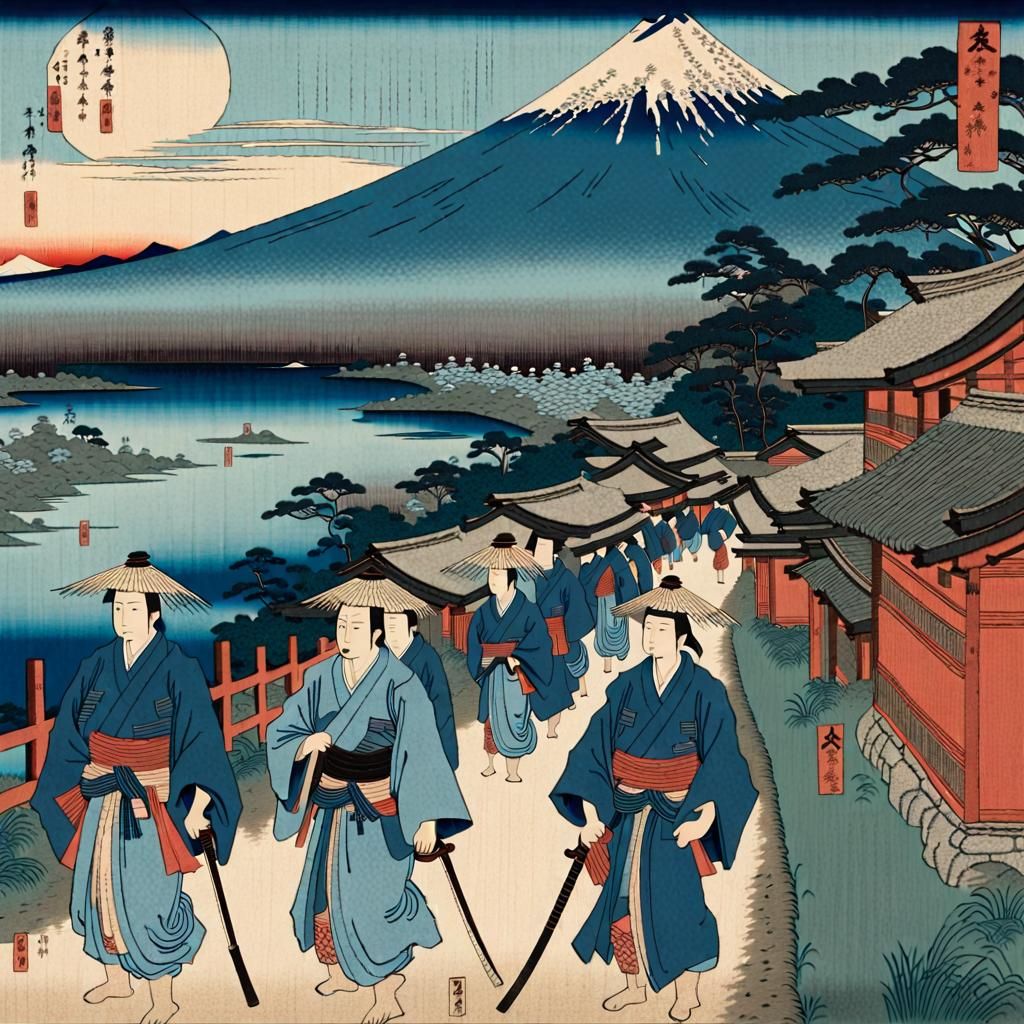 Ukiyo-e Print: Figures in Blue Garments with Swords