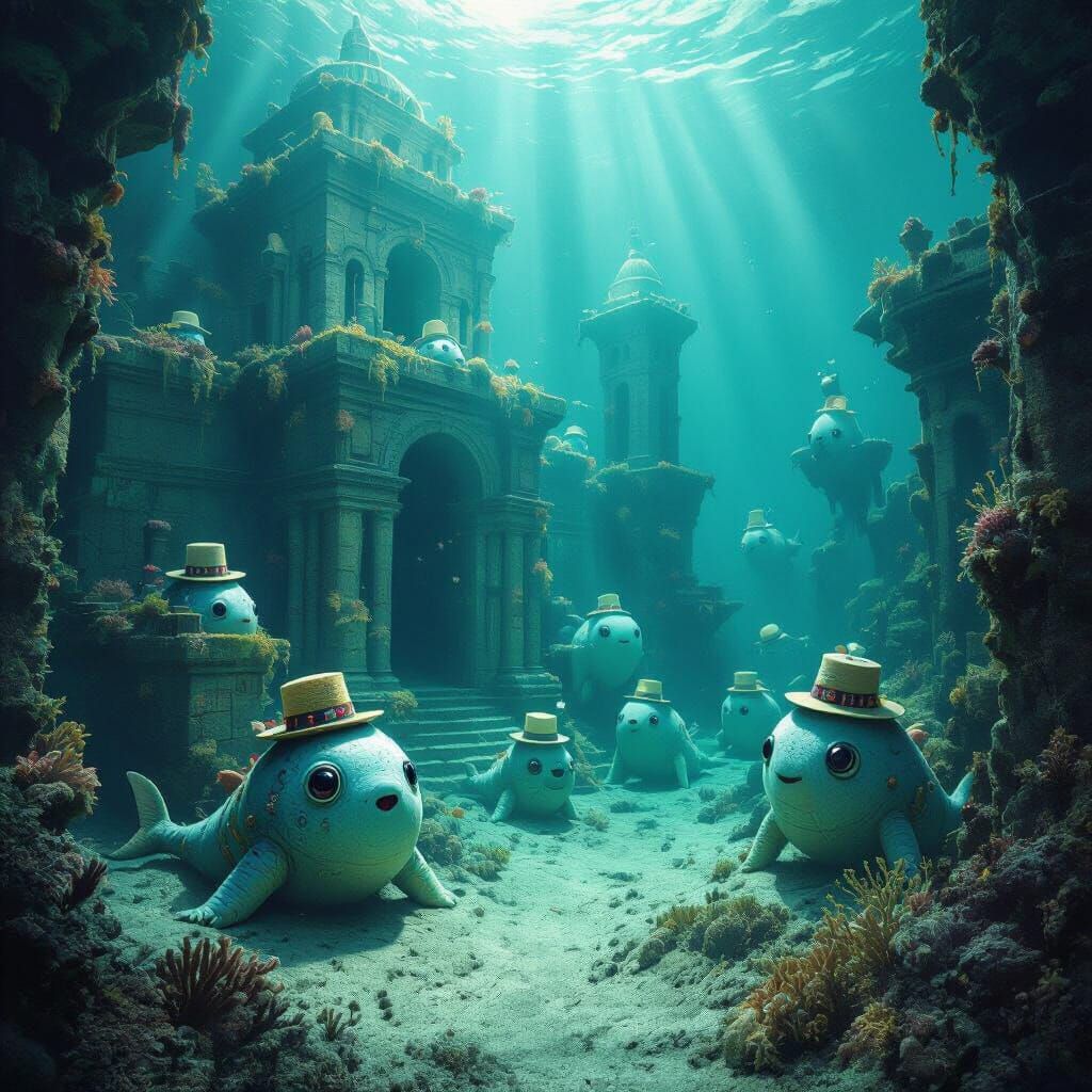 Submerged City With Humorous Sea Creatures in Moody Light