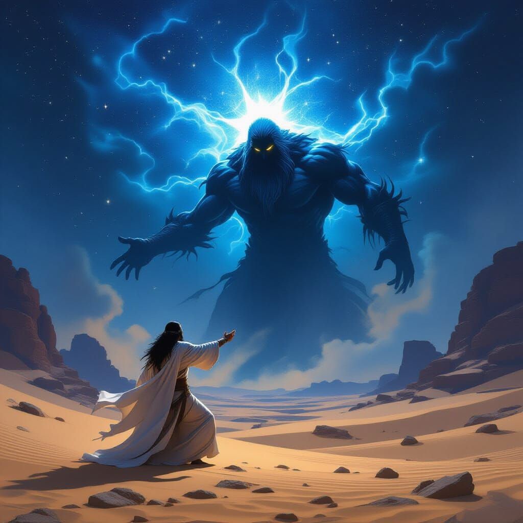 Man Wrestles Mystical Spirit in Desert Oasis