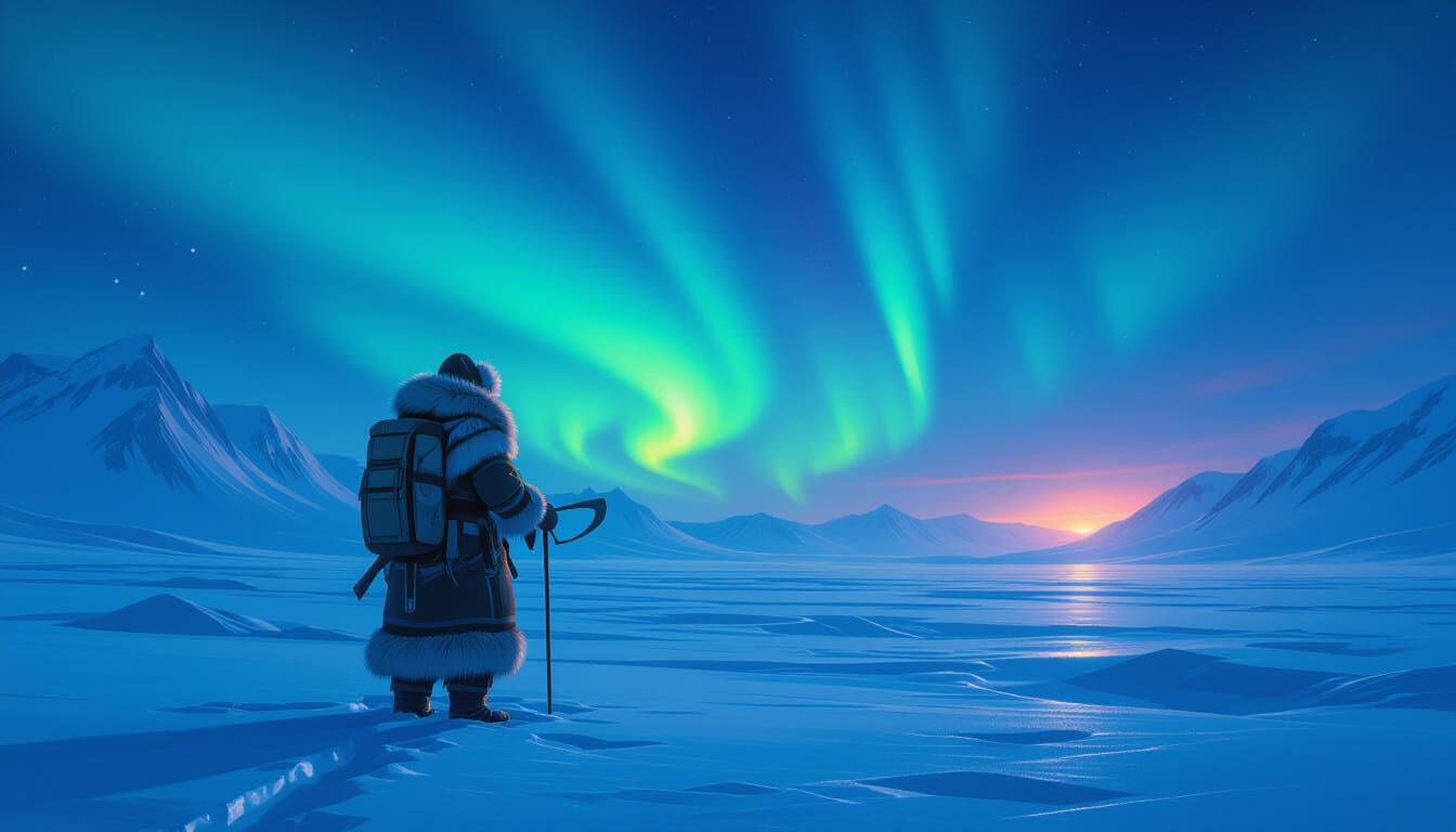 Inuit Hunter Under Aurora Borealis in Cinematic Digital Pain...