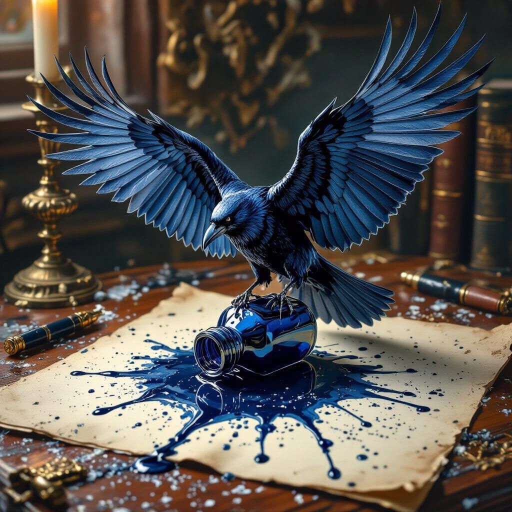 Ink Raven Soaring Above Antique Desk, Gothic Art