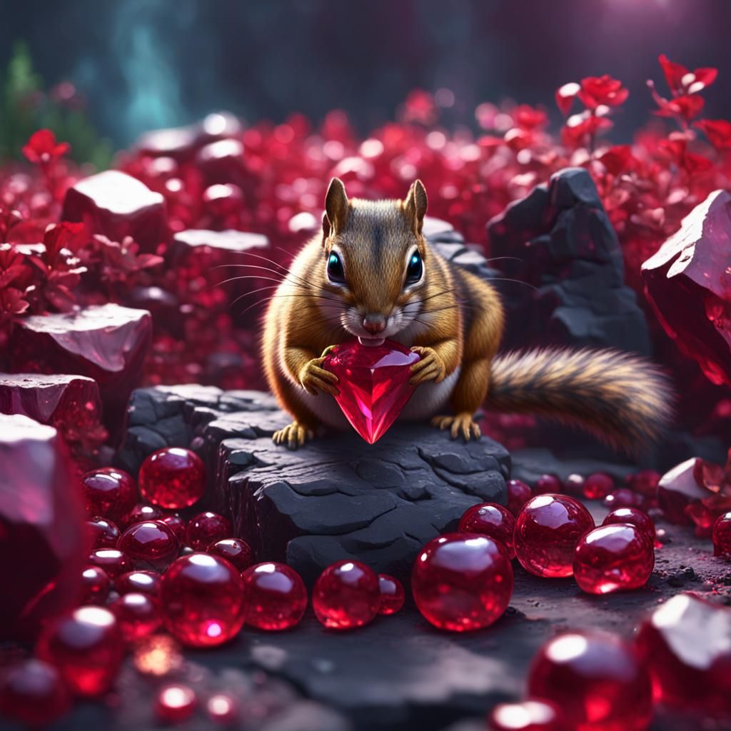 Chipmunk and Imperfect Ruby Gem in Detailed Digital Art