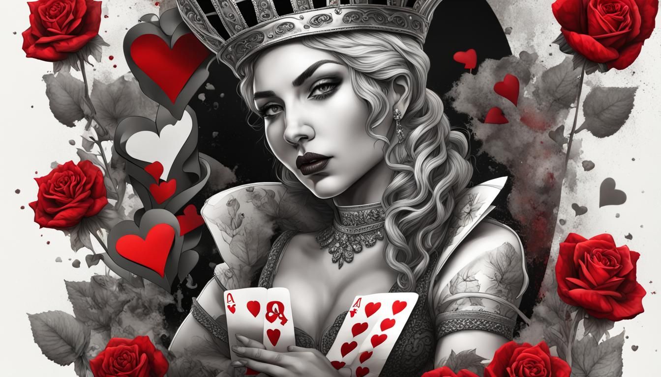 Hyperrealistic Queen of Hearts in Black, White, and Red