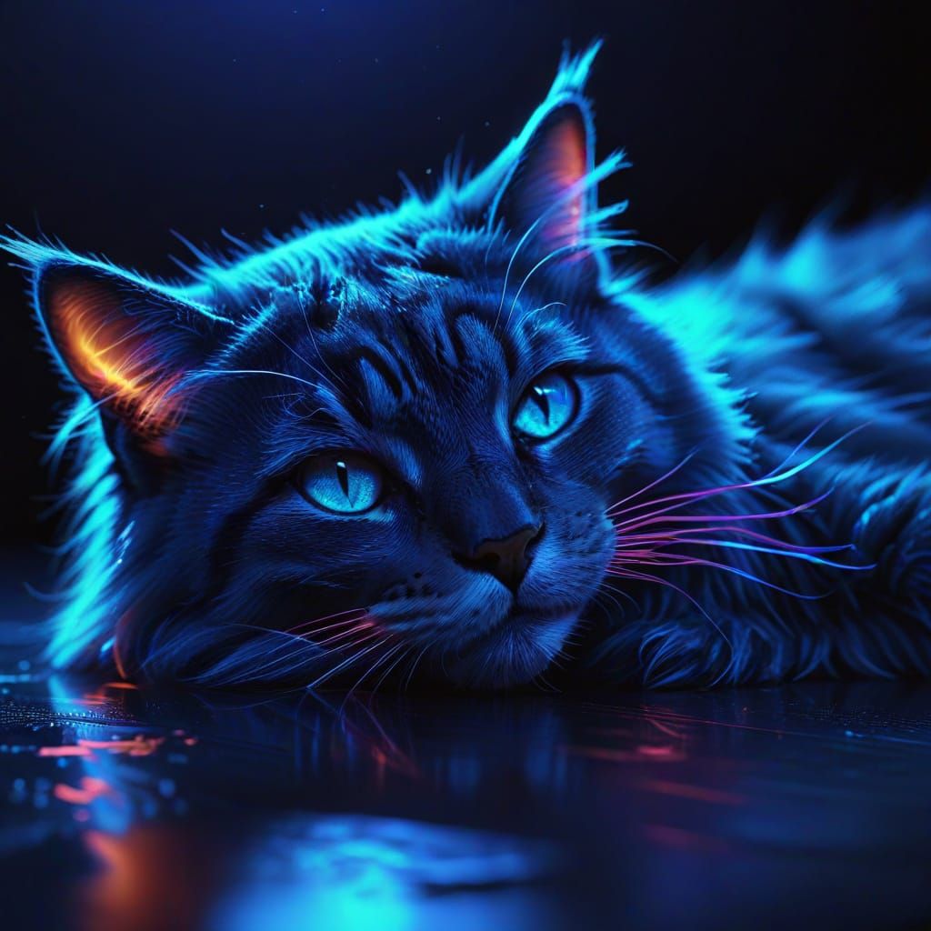Glowing Cat on Table in Vibrant Neon Digital Art