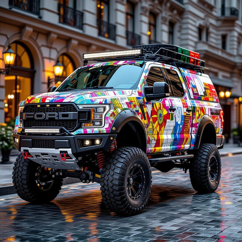 Mosaic Art of a 2023 Ford 4x4 Van with Monster Tires