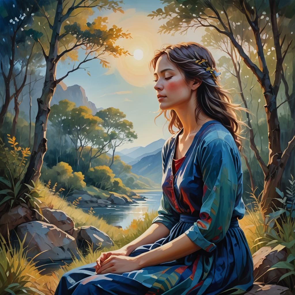 Serene Woman in Nature: Vibrant Oil Painting