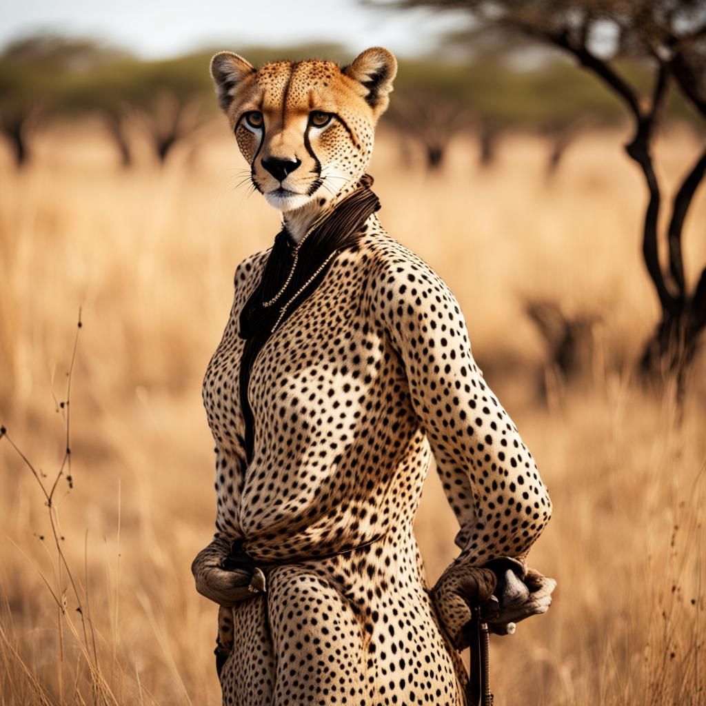 Anthropomorphic Cheetah Woman in the Savannah