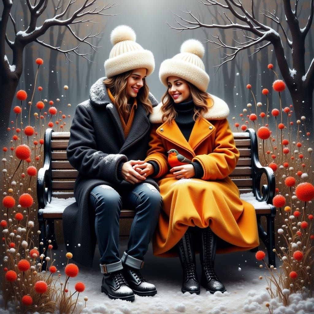 A impressionistic oil painting Couple Man a Woman seated on a park bench amidst a flower garden. They wear textured u...