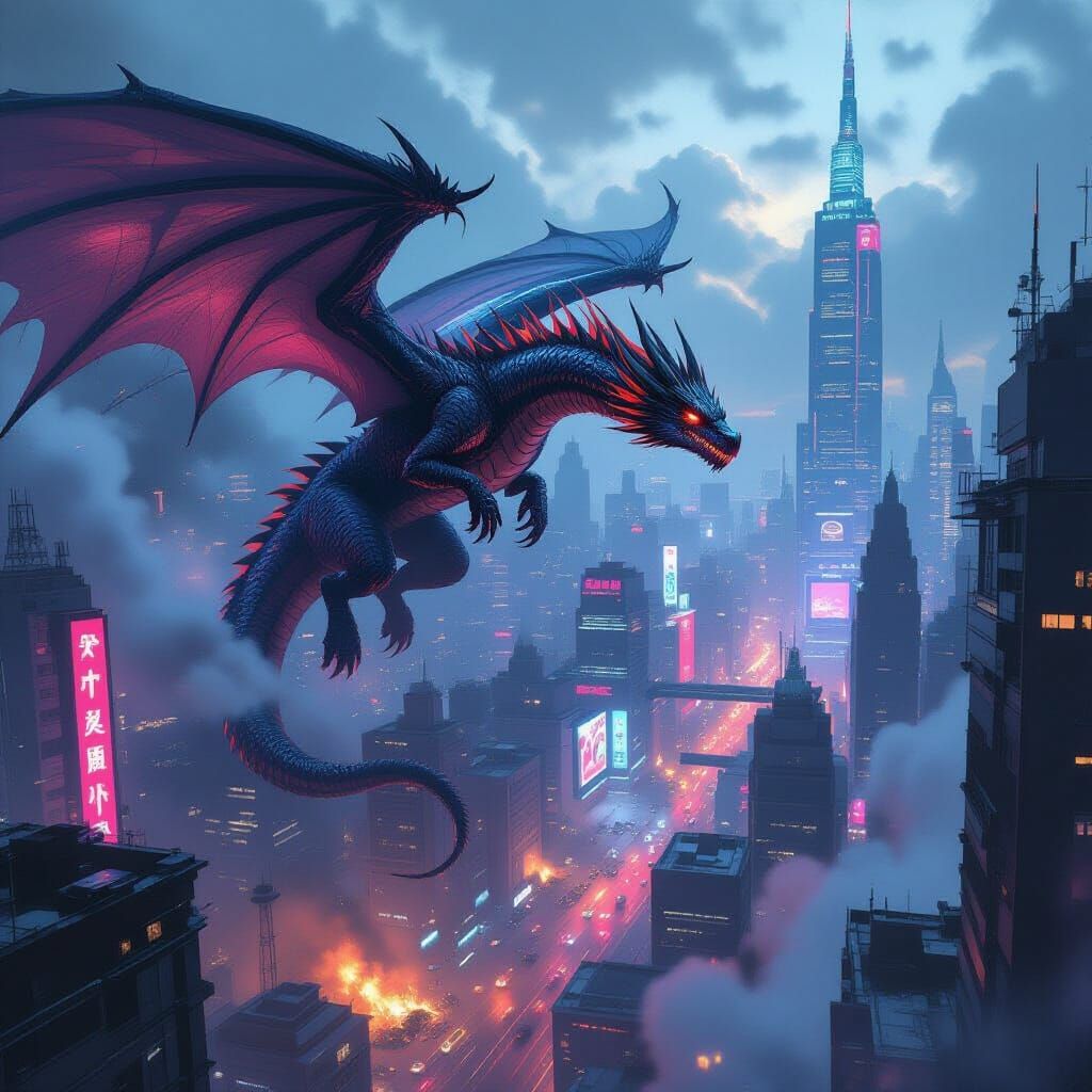 Neon Dragon Overlooks Ruined Futuristic City