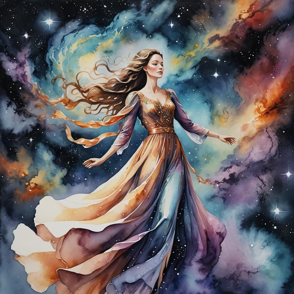 Woman in Gown Floating in Nebula, Acrylic Watercolor