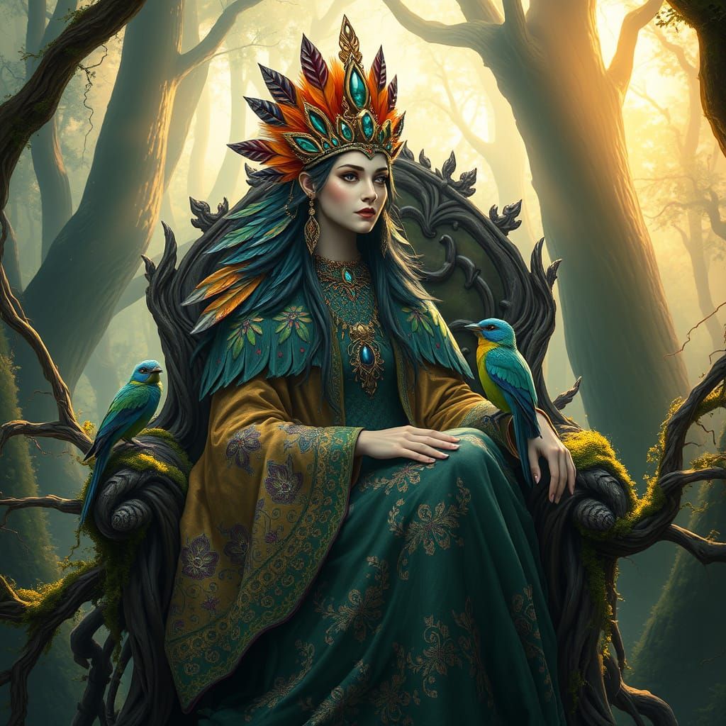Dryad Queen on Root Throne in Enchanted Forest