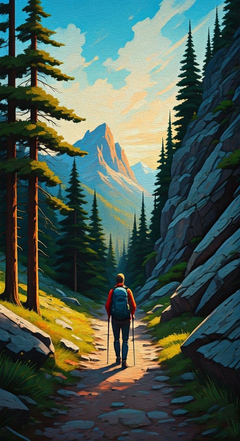 Neo-Expressionist Mountain Landscape with Hiker