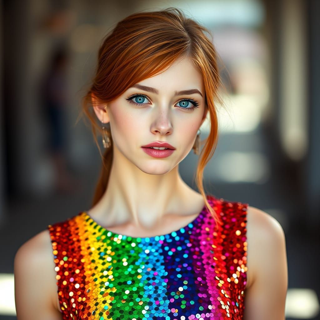 Vibrant Woman in Rainbow Sequin Dress