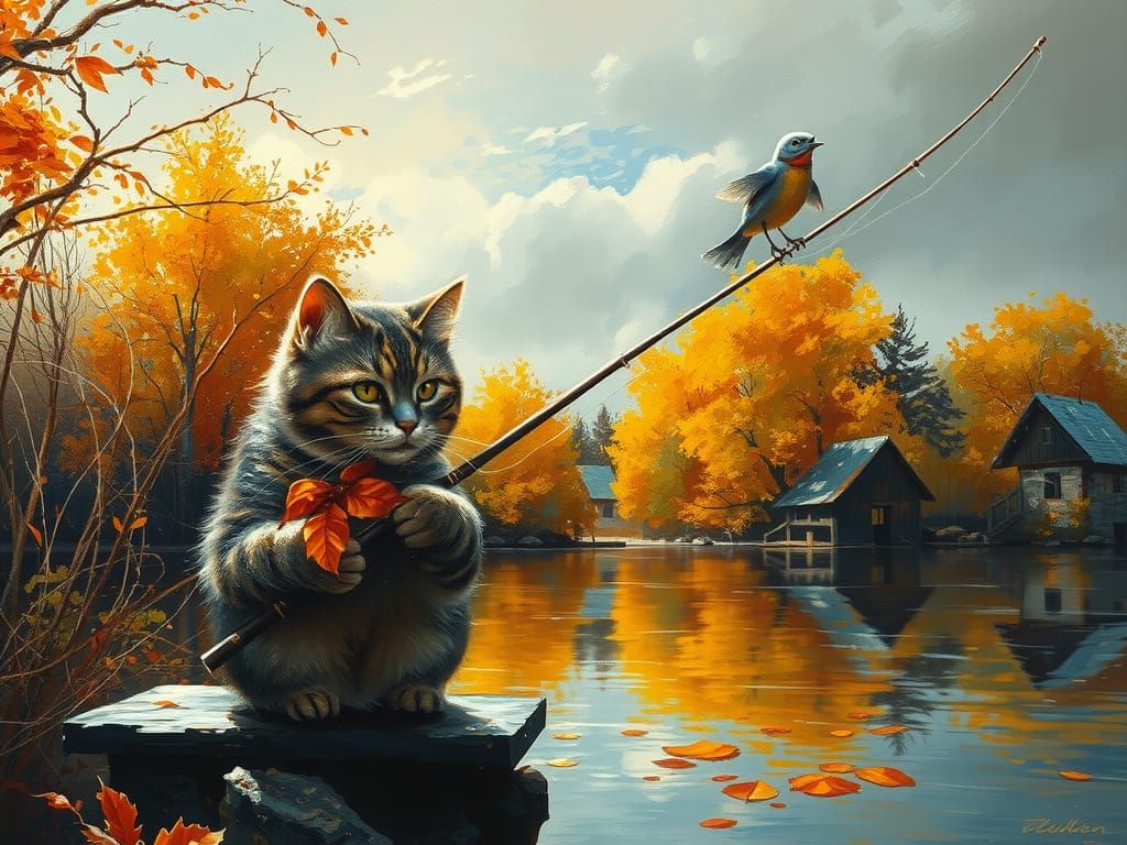 Autumn Cat Fishing: Oil Painting in Turner Style