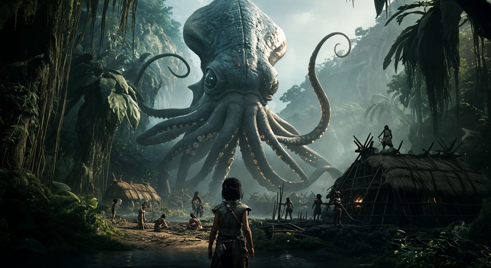 Cephalopod Aliens Assist Jungle Village