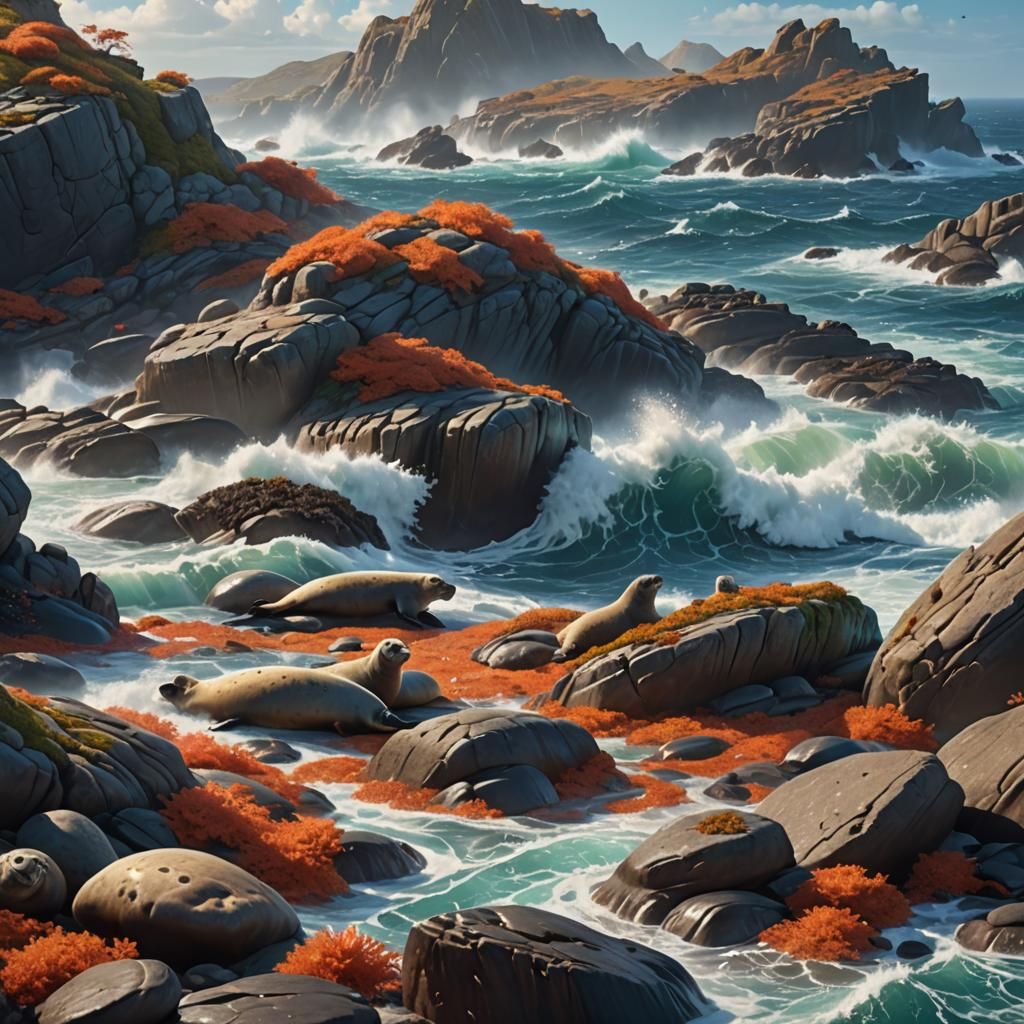 Seals Lounging on Rocks in Rough Seas