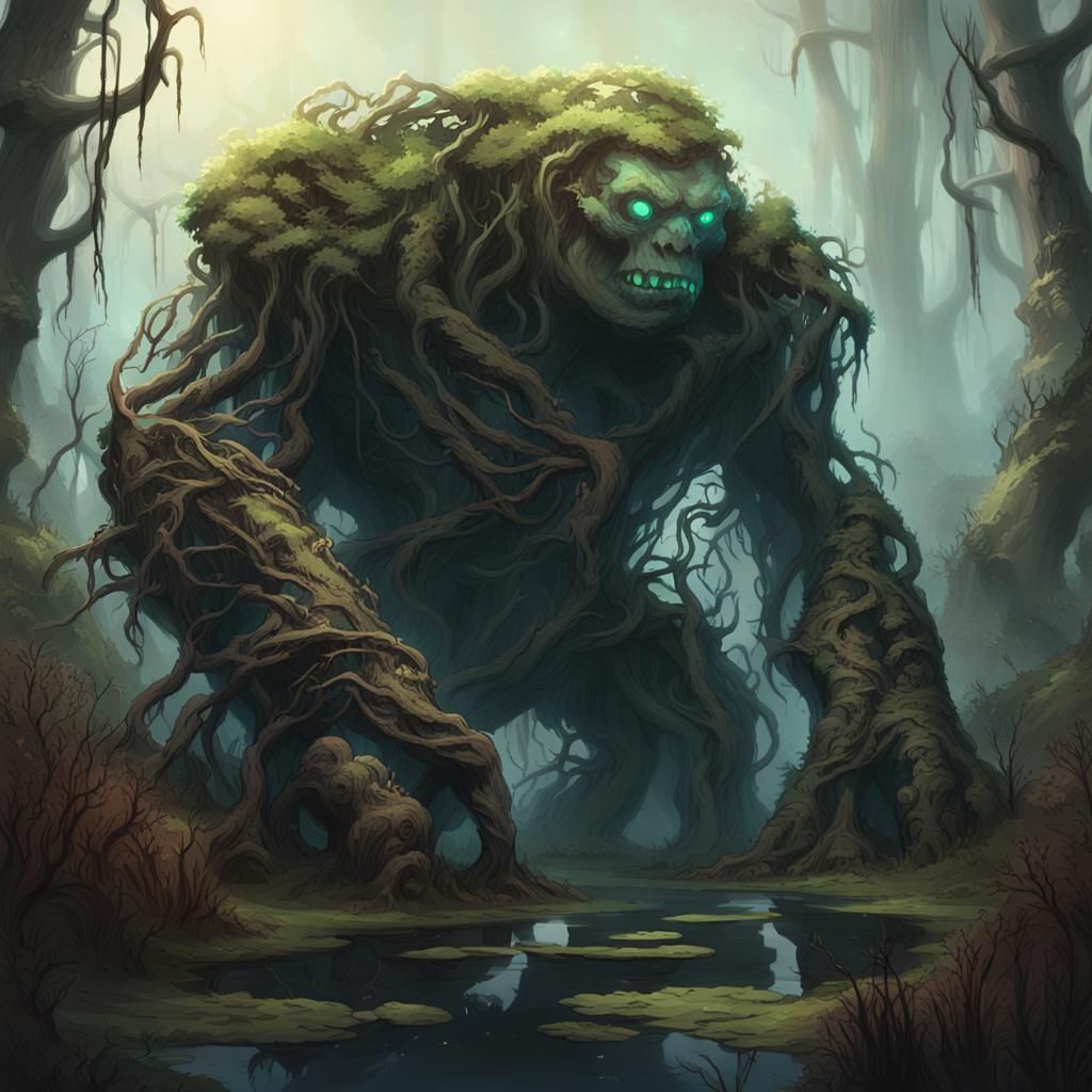 Swamp Golem Surrounded by Bioluminescent Vines
