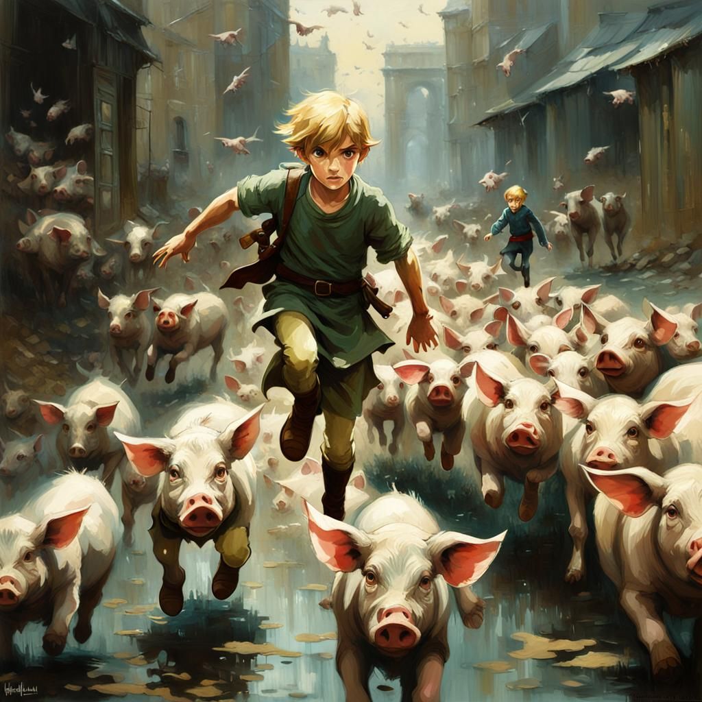 Link's Piglet Nightmare: A Dark Fantasy Painting