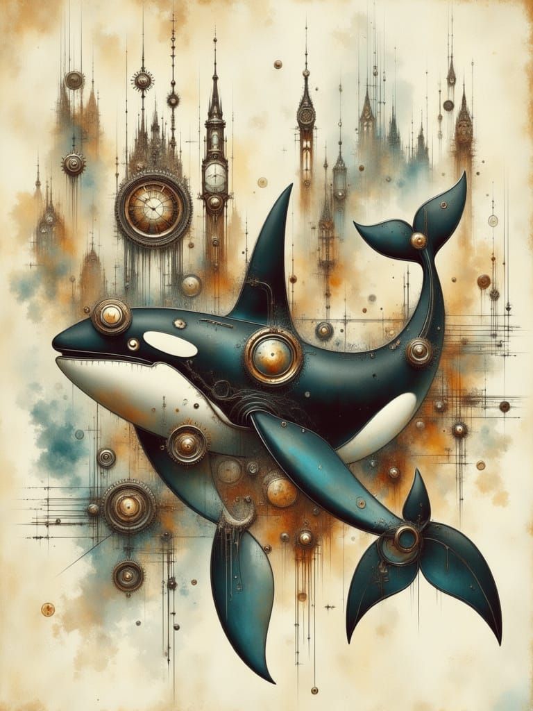 Steampunk Orca Whale in Whimsical, Dreamy Landscape