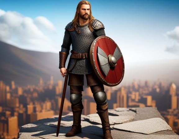 Viking Warrior in Leather Armor Overlooking City